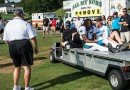 Carolina Panthers WR Kelvin Benjamin injured and being carted off training camp field while GM Dave Gettleman watches